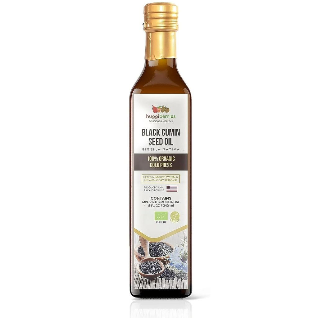 Huggiberries Black Seed Oil Liquid - Glas bottIe - GLAT - Gluten- Free Oil for Salads, Dips, Dressings, Vegies - Cold Press Turkish Cumin, Rich in Thymoquinone Immunity Supplemen - 8 f.oz. / 250ml