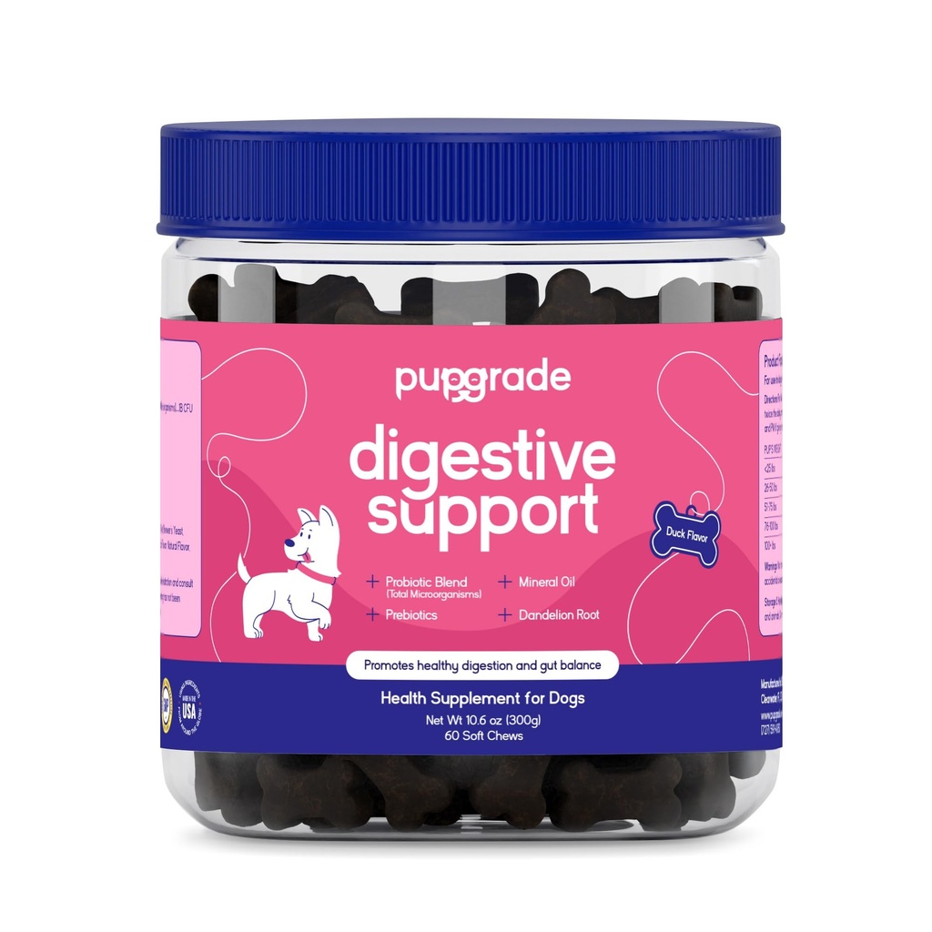 Dukungan Digesi Pup untuk Anjing - Prebiotik dan Tambahan Probiotik dengan Enzyme Blend - Upset Attenach, Diare, Bowel, and Imune Dupport - Labu, Blueberry, Mineral Oil - 60 Soft Chews