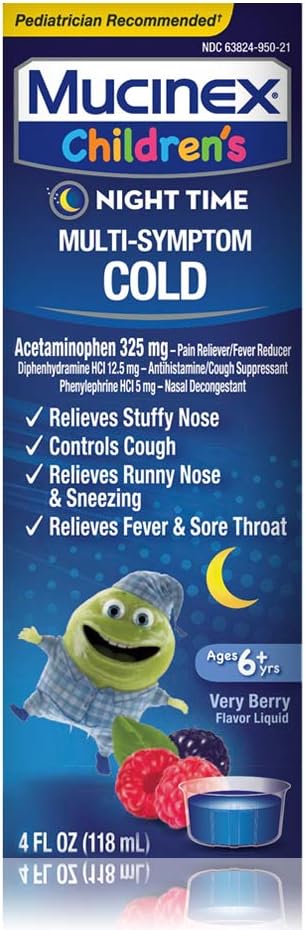 Cold, Cough, and Fever, Mucinex Children 's Multi- Symptom, Night Time Cold Liquid, Mixed Berry, 4oz, Reduces Fever, Controlls Batuk, Relieves Stuffy Nose