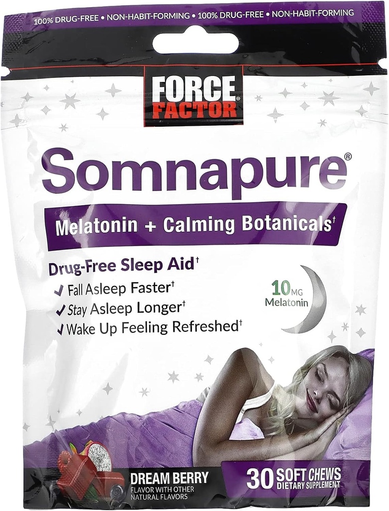FORCE FACE Somnapure Soft Chews dengan 10mg Melonatin, L-Theanine, Chamomile, Lemon Balm, Dream Berry Flavor, 30 Soft Chews