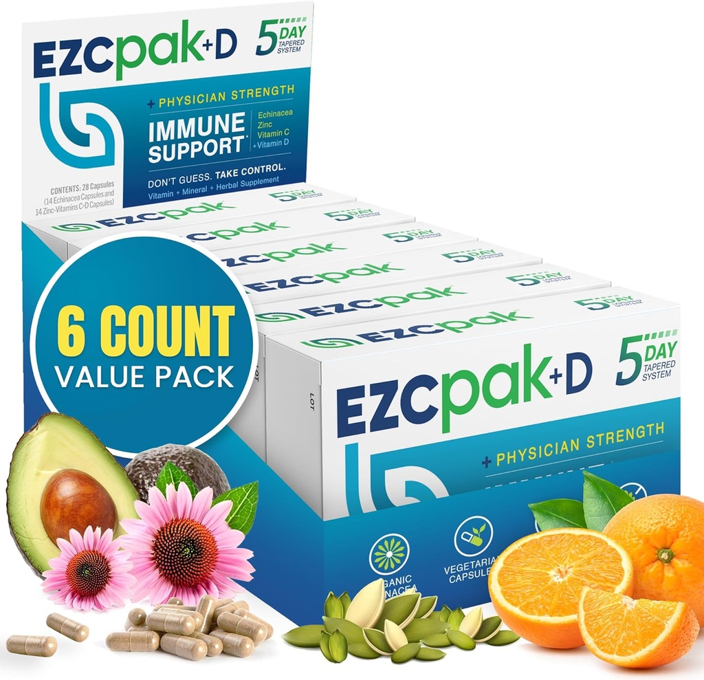 EZC Pak 5- Day Imune System Booster dengan Echinacea, Vitamin C, Zinc & Vitamin D - Tapered Immune Supplemen untuk Dewasa - Mendukung Imunitas, Persediaan Ukuran Mudah - (Paket 6)