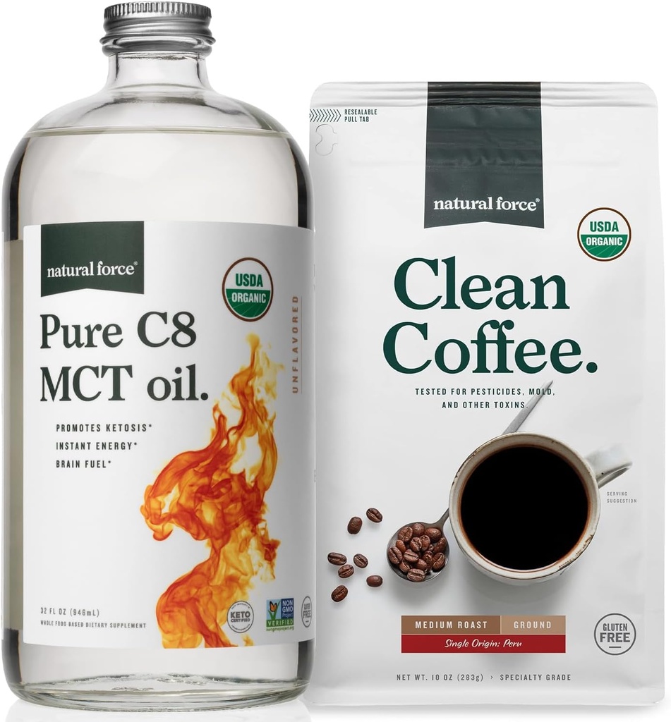 Natural Force Organic Ground Clean Coffee + Organic Pure C8 MCT Oil Bundle - 100% C8 MCTs & Mold & Mycotoxin Free Coffee - Non-GMO, Keto, Paleo, and Vegan - 10 Oz Bag and 32 Oz Glass Bottle
