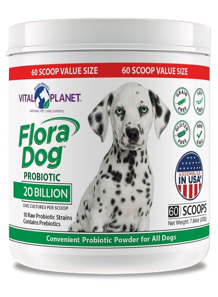 Planet Vital - Flora Dog Probiotic Powder Suplemen dengan 20 Milyar Cultures dan 10 Strains, Potency Ammune dan Digetical Support Progories untuk Dogs, 7.84 oz., 222 Grams, 60 Servings