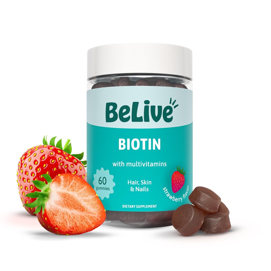 BeLive Biotin Gummies with MultiVitamin, Flolate, Inositol - Supports Hair Growth, Healthy Skin & Nails - Vegan, Pectin Based - Strawberry Flavor (1)