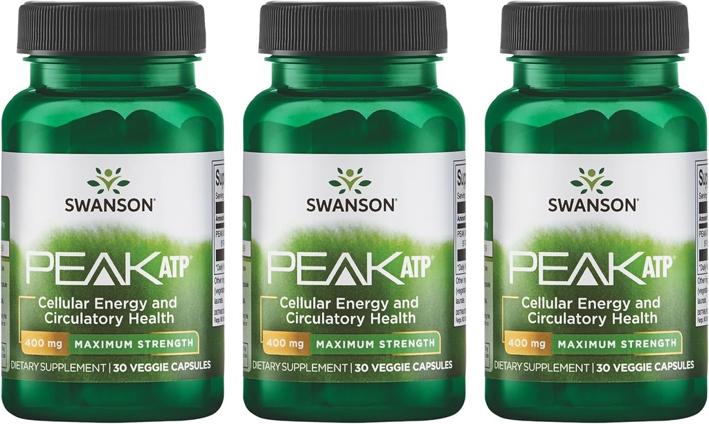 Swanson Maximum Power Peak ATP-Natural Supplemen Energi Seluler Mendukung Performance Fisik dan Promotes Persediaan Darah Sehat (30 Veggie Capsules, 400mg Masing-masing) 3 Pack