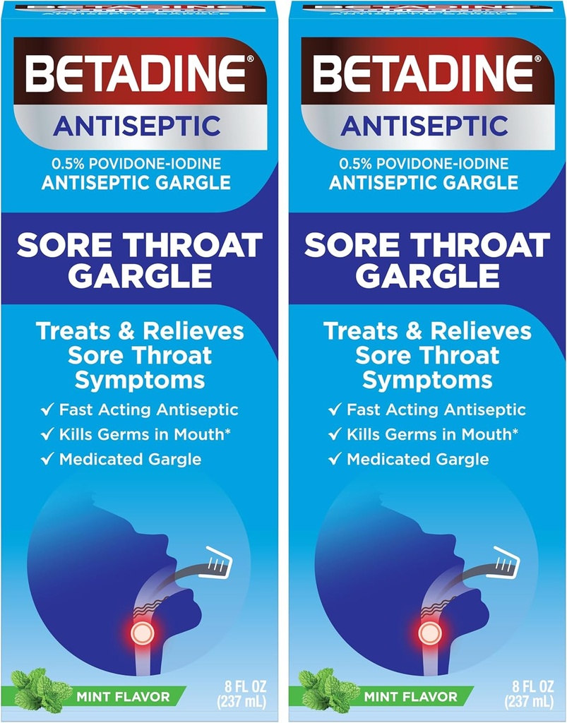 Betadine Sore Throat Relief Gargle, Mint Flavor, Fast Acting Antiseptic, Povidment-Iodin 0.5%, 8 oz (Paket 2)