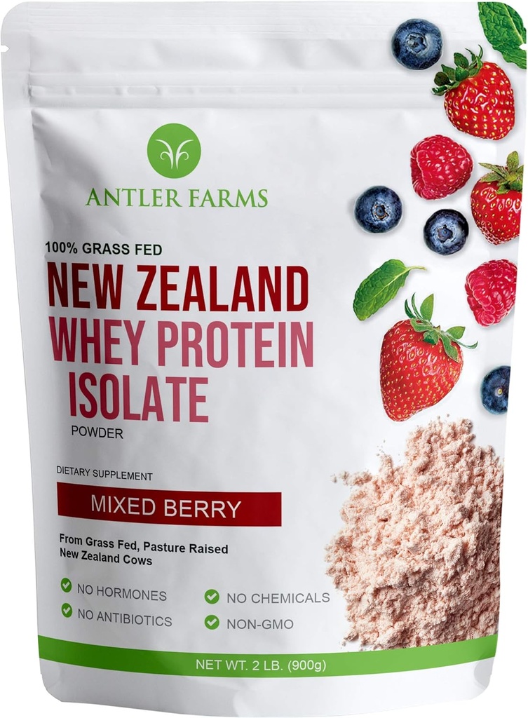 Antler Farms - 100% Grass Fed Selandia Baru Whey Protein Isolat, Mixed Berry Flavor, 30 pelayan, 2 lbs - Lezat, Cold Processed, Cepat Absorbed, Keto Friendly, NO- Hormones, NO- GMO