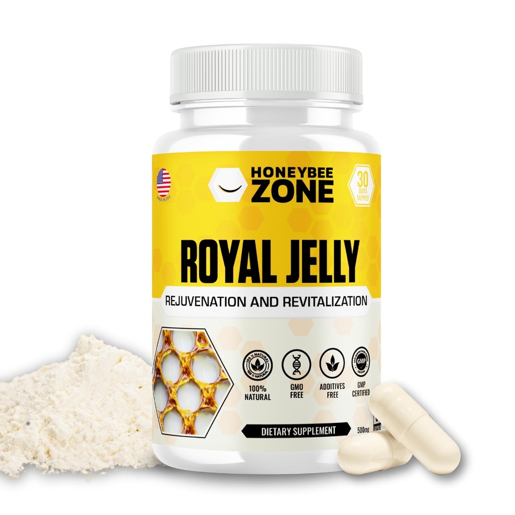 Royal Jelly Capsules - 500 mg Energy, Glowing Skin and Brain Booster Supplemen 124; Non-GMO, Gluten- Free, 60 EAz- To- Swallow Veggie Capsules