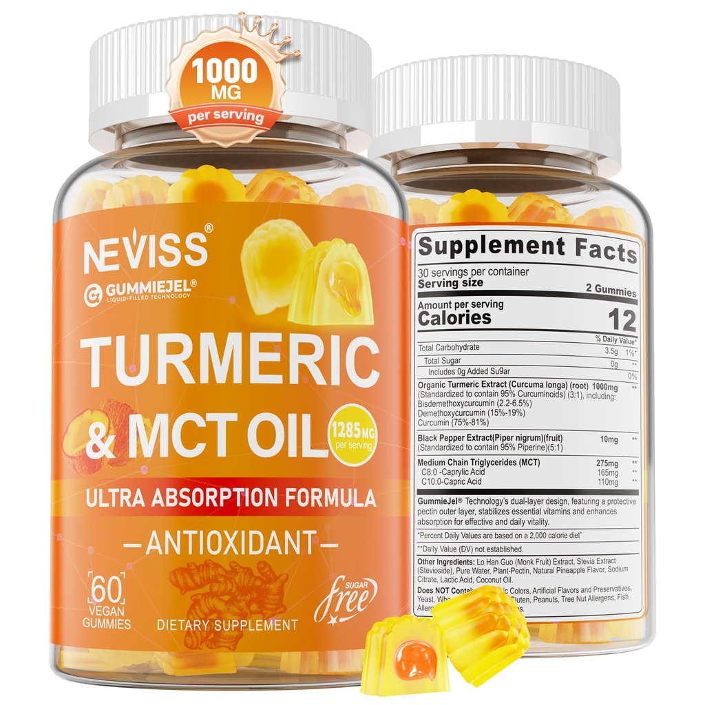 Turmeric Gummies 1000mg w / MCT Oil C8, Organic Antioksidant, Curcumin Turmeric dengan Ekstrak Labu Hitam, Dukungan Komfort, Energi Boost, Absorpsi Ultra, Gula Bebas 60 Cts