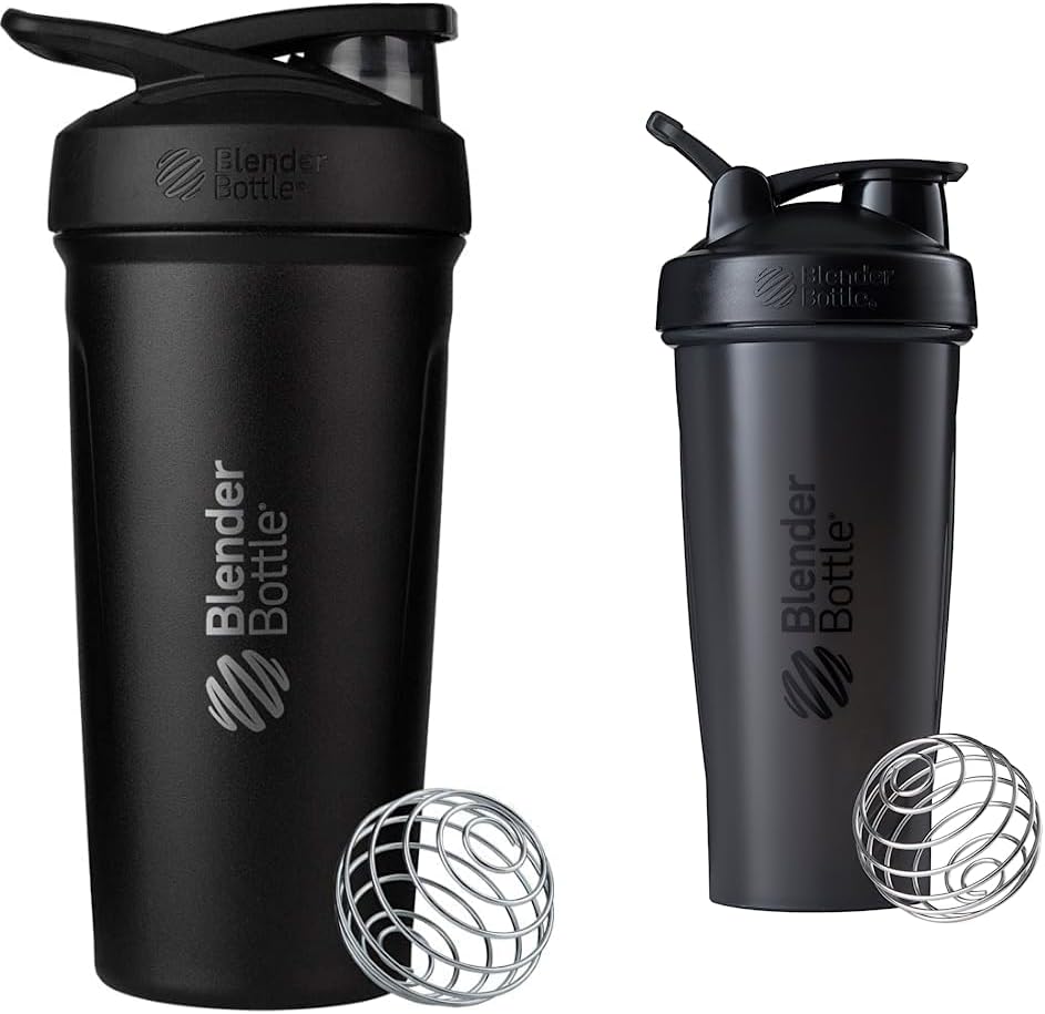 BlenderBottle Strada Shaker Cup Insulated Stainless Steel Water Bottle with Wire Whisky, 24- Ounce, Black & Classic Shaker Bottle Perfect for Protein Shakes and Pre Workout, 28- Ounce, Black