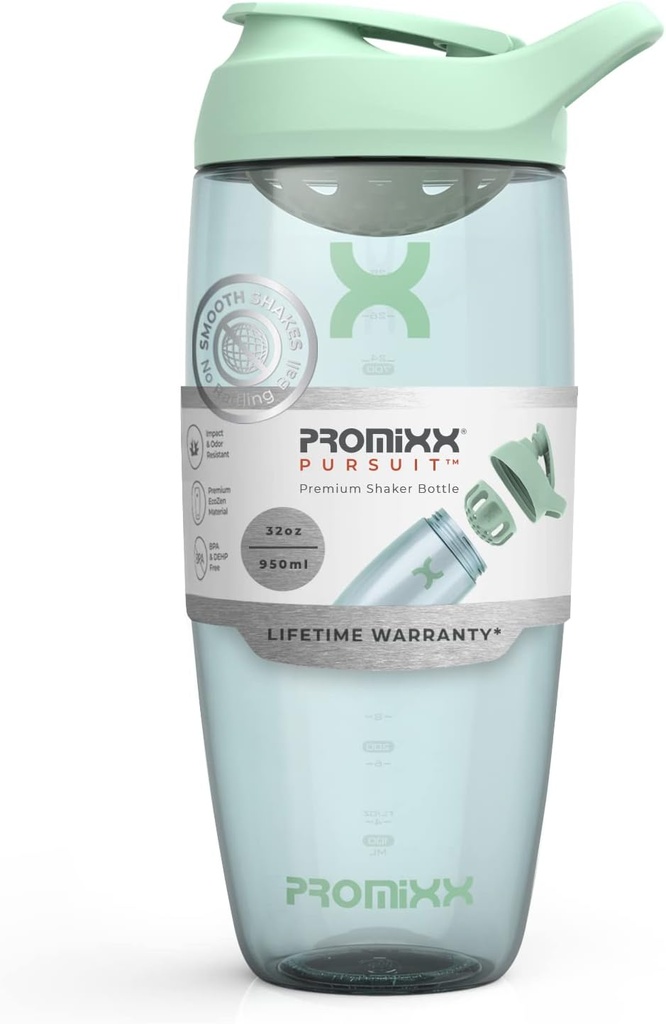 Prox Pursuit Protein Shain Shaker Bottle (32 oz) - Silent No-Ball Mixer, Leak- Providence Lid, BPA / BPS & Phthalate- Free ECOZEN - Easy- Clean Shaker Cup for Protein Shakes, Pre & Postout Smoothies