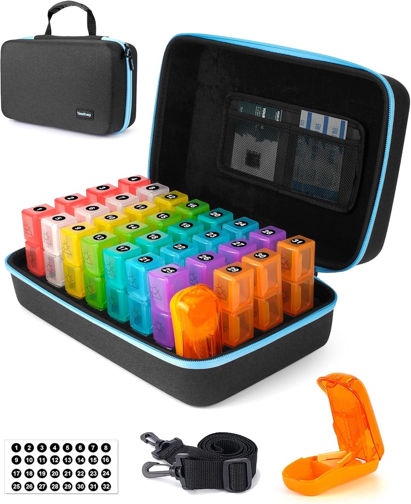 Organisasi Pil KB 3 kali sehari dengan Pill Cutter, 30 hari Pill Organizer Monthly, Kotak Obat Bulan Holder Organizer dengan 31 Daily Comment, Hard Shell Case & Removed Shoulder Straps