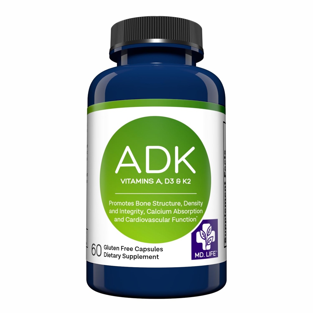 MD.LIFE ADK Vitamin Suplemen - Vitamin D3 K2 dan Kompleks - 60 Kapsul - Potensi Tinggi Vitamin ADK untuk Dukungan Tulang dan Jantung Kesehatan