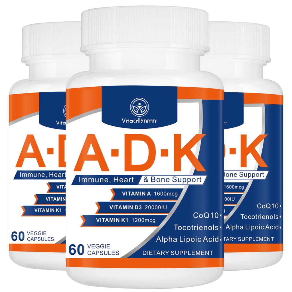 ADK Vitamin Suplemen 20000 IU - Potency Tinggi Vitamin A, D3 dan K1 for Heart, Bone Health dan Imune Dukung Vitamin 180 Kapsul