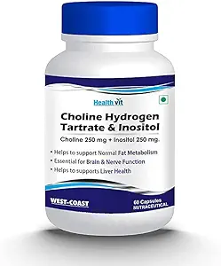 Choline Hydrogen Tartrat 250mg & Inositol 250 Mg - 60 Capsules 124; Energy Metabolisme, Kesehatan Hati, Esculve for Brain & Nerve Fungsi - Non-GMO, Vegan, Gluten Bebas, Dairy Free