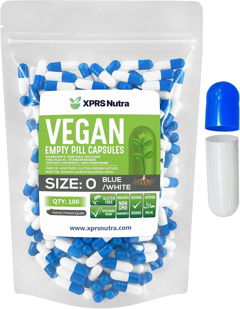 XPRS Nutra Ukuran 0 Kosong Kapsul - 100 Cacah Katup Vegan Kosong - Pil Vegetarian - DIY Kasule Filling - Veggie Pill Caps untuk Do- It-Yourself Suplemen (Blue / White)