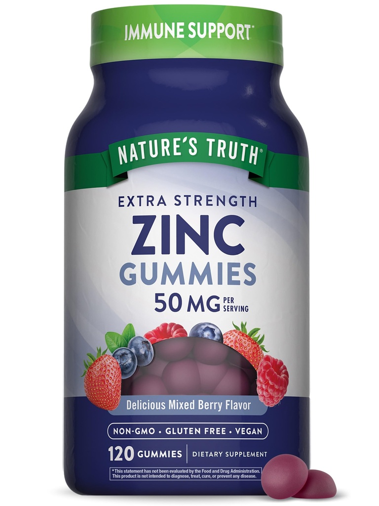 Nature 's Truth Zinc Gummies for Dewasa 124; 50mg = 124; 120 Count 124; Vegan, Non-GMO & Gluten Free Suppplemen = 124; Dicampur Berry Flavor