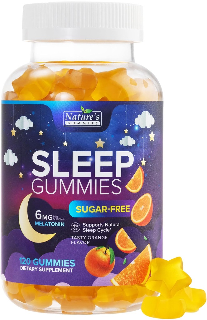 Sleep Gummies 6mg Per Serving - Sugar Free Melonainin Gummy Suplemen untuk Orang Dewasa - Natural Zero Sugar Sleep Gummy untuk Orang Dewasa & Anak-anak, Orange Flavored, Tambahan Kekuatan Tidur - 120 Gummies