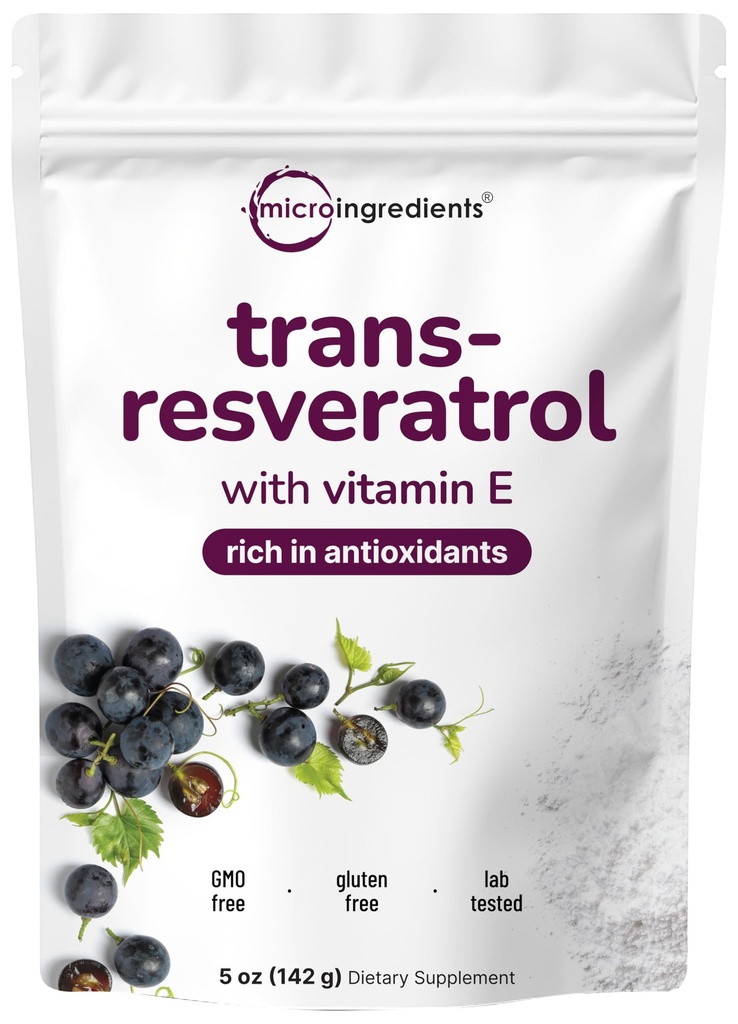 Murni Trans- Resveratrol Powder dengan Vitamin E, 5 Ounce, 2 dalam 1 Formula, Micronized Powder untuk Better Absorpsi, Premium Resveratrol Supplemen, Super Antioksidant