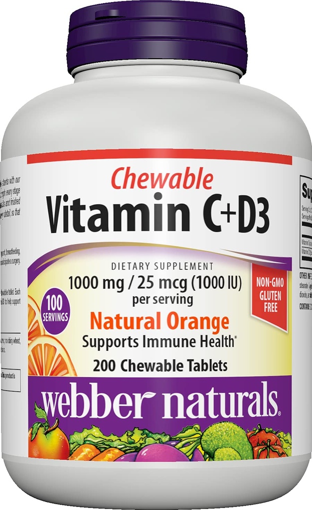 Webber Vitamin C + D3, 200 Teeth Oranye Tablet, 1000 mg Vitamin C dengan 1000 IU dari D3 Per Serving, Bones, Teeth, Immune dan Antioksidant Dukungan, Non GMO, Dairy & Gluten Bebas