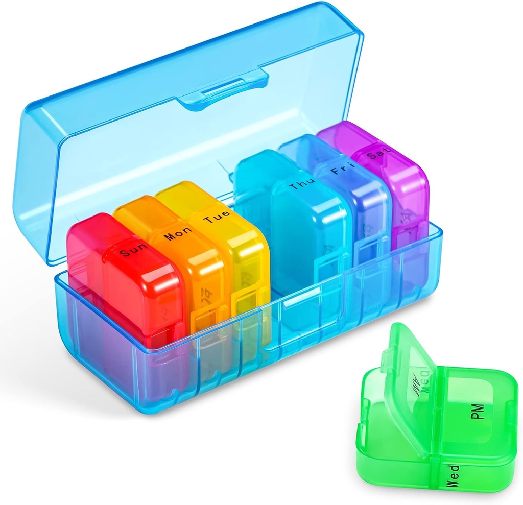 Zoksi Weekly Pill Organizer 2 Kali sehari, Blue 7 Day Am Pill Box, Daily Am Pill Organizer 7 Day, Portable Vitamin Pill Case, Weekly Pill Box for Fish Oils, Vitamin, Suplemen