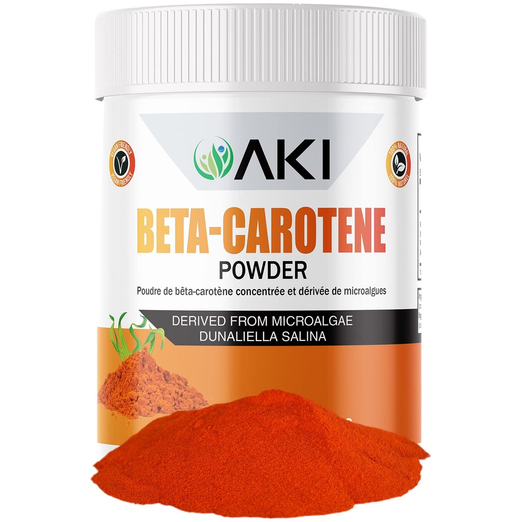 AKI Beta Carotene 10% Powder (1.5oz / 42.52g) Sangat berkonsentrasi Funt rasa Vitamin A, May Helping to Dukung Fungsi Tubuh, Skin, Immune System and Eye - GMO Free & Vegan Friendly