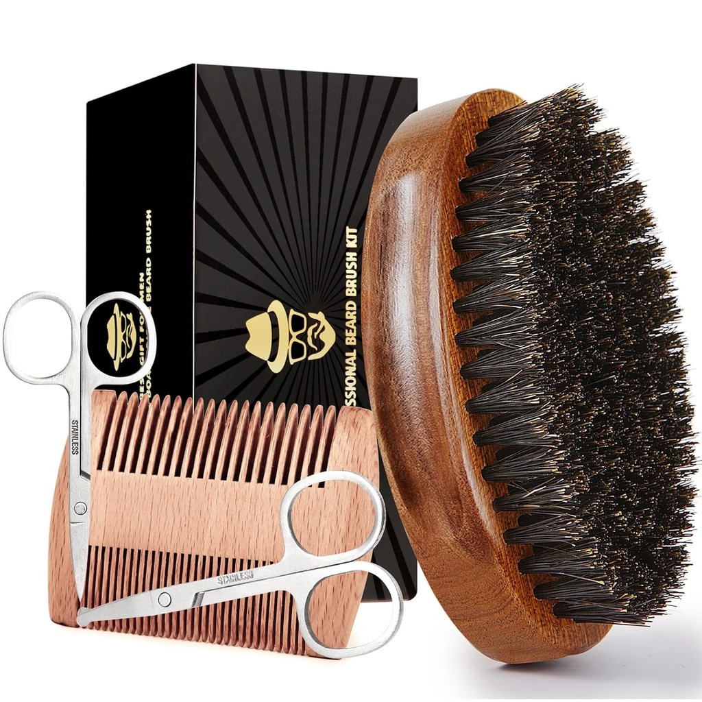 Soboon Beard Brush for Men, 100% Pure Boar Bristle Beard Brush, Beard Grooming Set Included Beard Comb, 2 Pcs Mustache Gunting, and Travel Bag