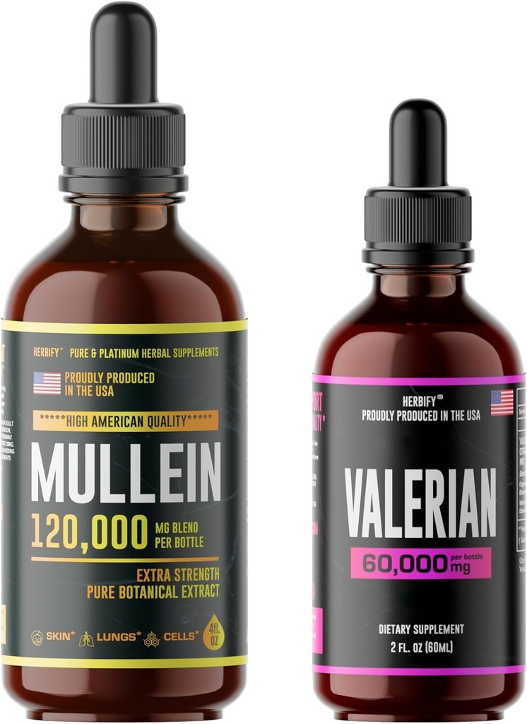 HERBIFY Bundle - Mullein Extract & Valerian Root Tincture - Respiratory Dukungan & Gugup System Support