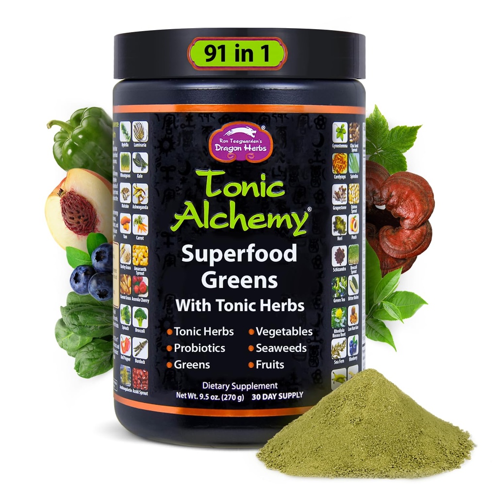 Tonic Herbs Tonic Tonic Alchemy Superfood Greens Powder with 91 Ingrediders: Tonic Herbs, Ashwagandha, Mushroom, Progories, Super Greens, Seands, Buah Vegetables, Spirulina - 30 Pelayan