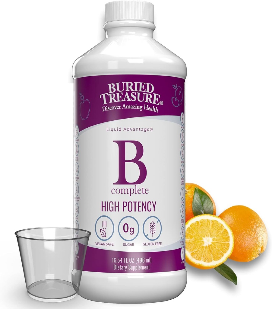 Treasure B Complete - Liquid Vitamin B Complex with MethylCobalamin B12 & MethylFote B9, Biotin, B1, B2, B3, B5, B6, Liquid & Sugar- Free, Women & Men, Dose Cup for Measure