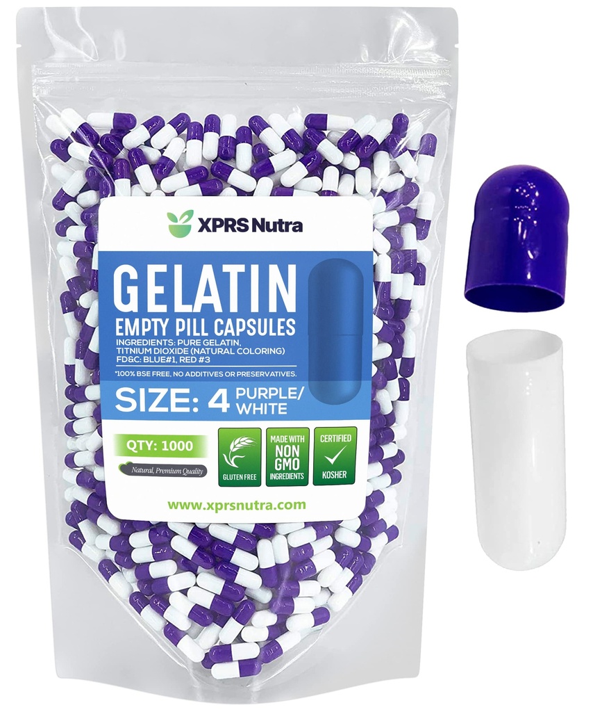 XPRS Nutra Ukuran 4 Kapsul Kosong - 100 Cacah Kecil Katup Gelatin Kecil - Pil DiY Filling - Filable Pure Bovine Gel Caps untuk Do- It-Yourself Suplemen (Purple / White)