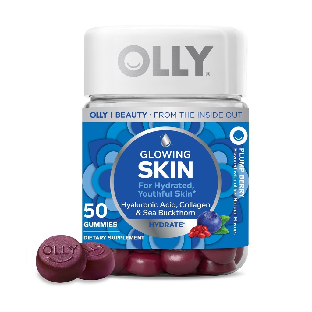 OLLY Glowing Skin Gummy, Hydrated & Youthful Skin, * Acid Hyaluronic, Collagen Peptides, Sea Buckthorn, Plump Berry Flavor, 25 Hari Supply - 50 Count