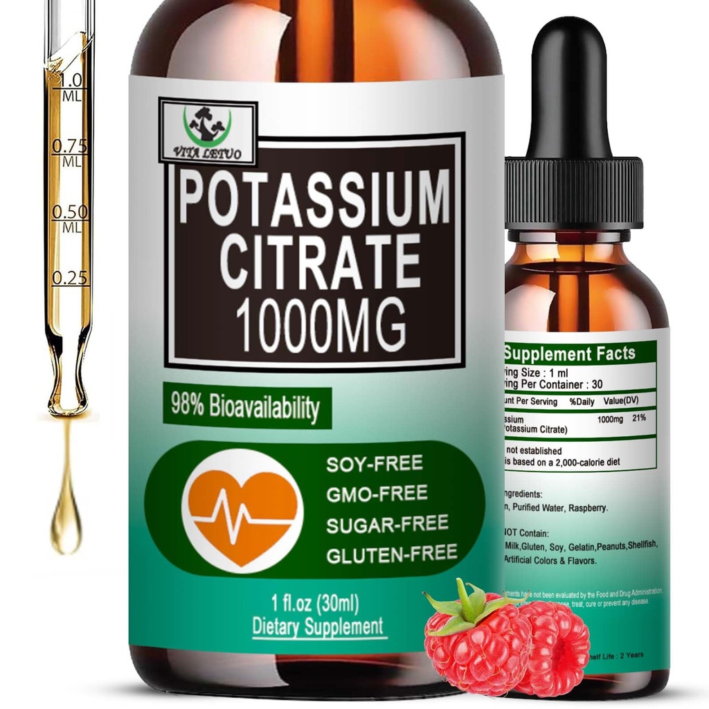 Potasium Citrate Liquid Drops, Potasium Suplemen 1000mg Liquid Duid Dukung Muscle Crimp Relief, Heart Health and Sleep, Sangat Absorbable for Women & Men, Vegan, 30 Servis