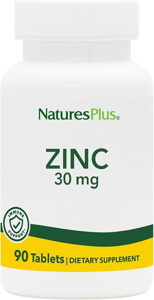 NaturesPlus Zinc Tablet - 30 mg, 90 Vegetarian Tablet - Imune System Supplement for Cellular Growth & Repair - Promotes Healthy Dibuble, Metabolisme & Vision - Gluten- Free-90