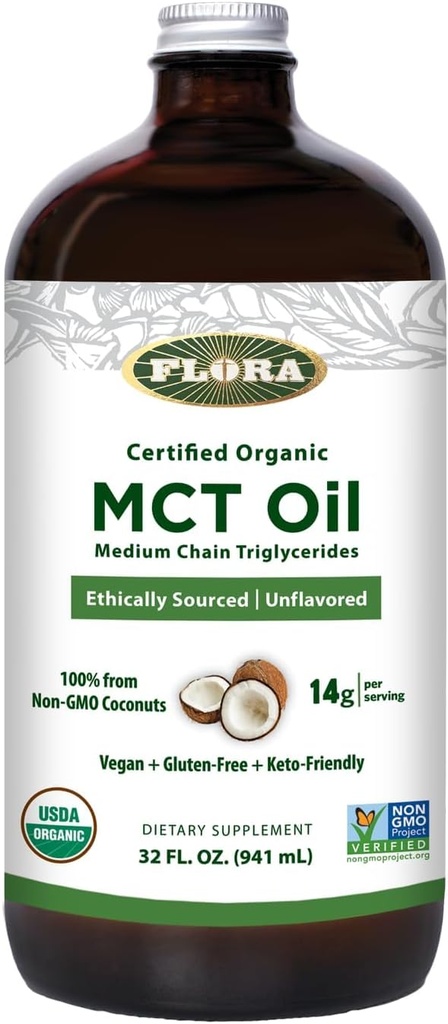 Flora - MCT Minyak Tersertifikasi Organik - Mendukung Energi Otot & Kesehatan Otak - Berisi C8 Caprylic Acid & C10 Capric Acid - Non-GMO, Bebas, Vegan & Keto- Friendly - 32 flies. Botol Kaca