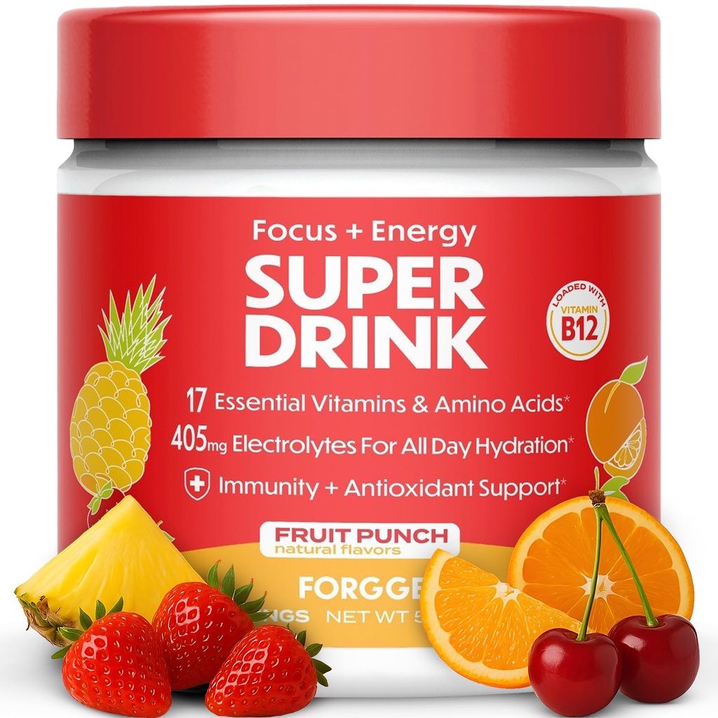Forg Heally Energy Powder Mix - Kafein Bersih + B12, C & D Vitamin - Powder Energi Gula Gula dengan Elektrolit, Amino Acids, Antioksidants, Lions Mane - Vegan, Keto-Friendly - 30 SVG, Fruit Punch