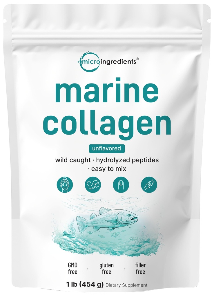 Mikro Ingrediens Marine Collagen Peptides Powder, 1 lb 124; Type I Marine Collagen + Natural Protein 124; Wild- Caught Fish Source 124; Unflafeted 124; Supports Hair, Skin & Joint Health 124; Pescatarian, Non-GMO