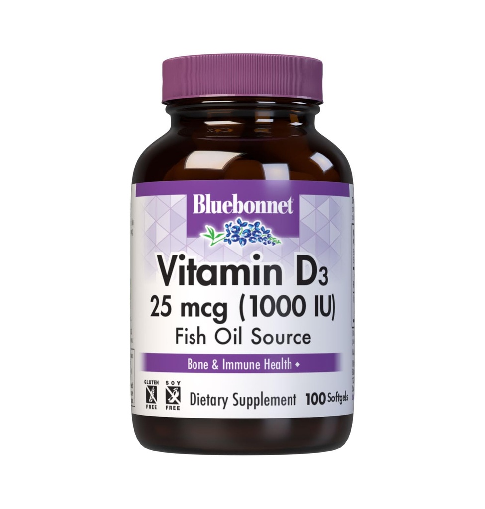Bluebonnet Nutrition Vitamin D3 1000 IU Softgels, Aids in Muscle and Skeletal Growth, Cholecalfferol from Fish Oil, Non GMO, Gluten Free, Soy Free, Dairy Free, 100 Softgeels