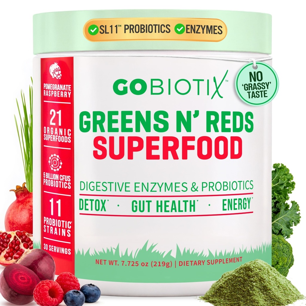 GOBIOTIX Super Greens and Reds Powder - Red and Green Superfood - Probiotic Suplement - Digetical Enzymes and Beet Root Powder - Organic Whole Foods Diet Supplemen (Pom Raspberry, 1 Pack)
