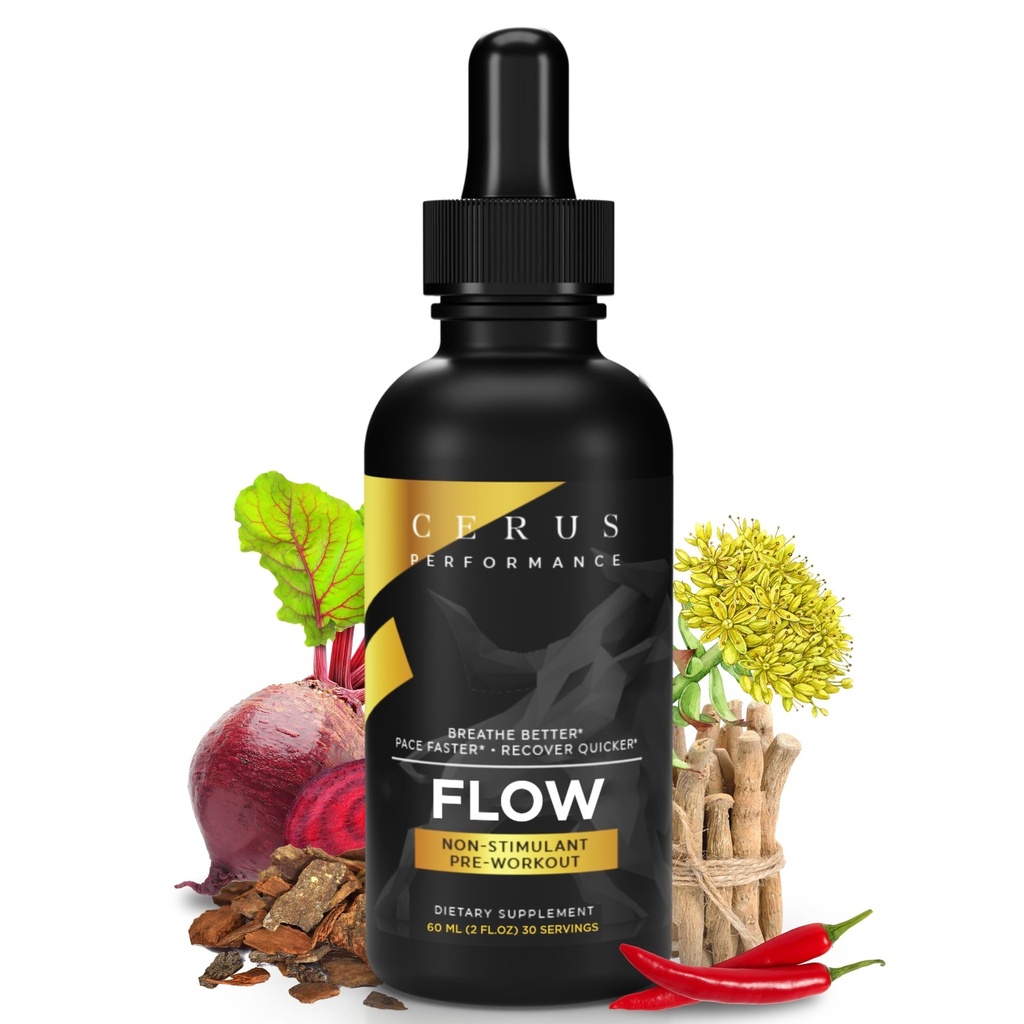Cerus Performance Flow Stimulant Free Endurance Pre-Workout - Boosts Stamina, Supports Heart Health with Natural Herbs, Vegan-Friendly - 2 Fl Oz