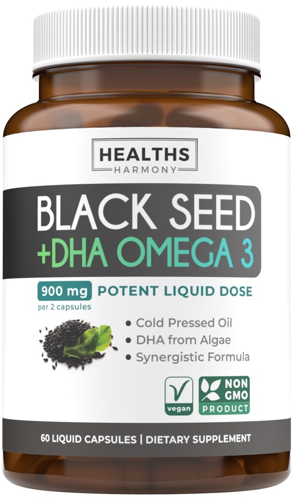 Cold- Menekan Katup Minyak Benih Hitam - Vegan Non- GMO Nigella Sativa Black Benih Oil Suplemen dengan Omega 3 DHA untuk Wellness & Dukungan Tubuh Penuh - Vegan Omega 3 & Thymoquinone - Kaya (1 Bulan)