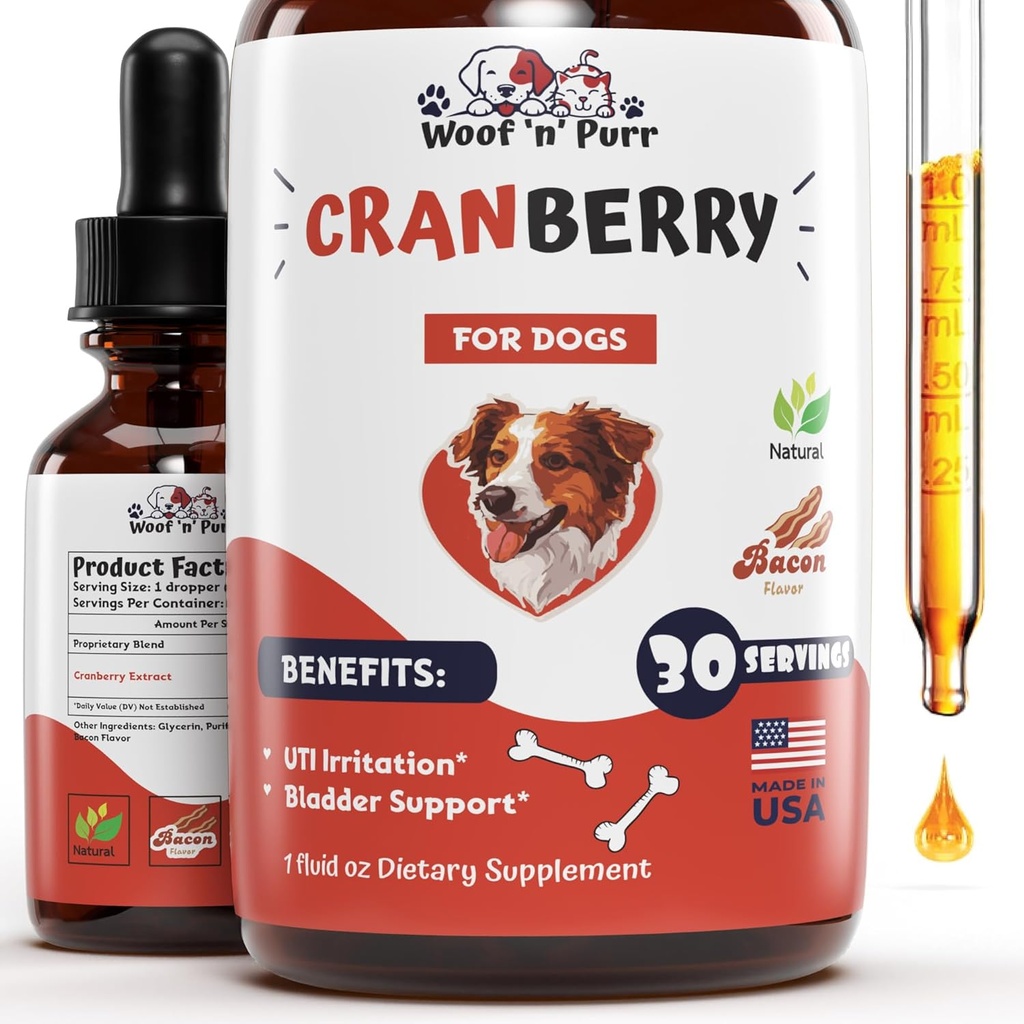 Cranberry Suplement for Dogs - Dog UTI Treatment - Dog Cranberry Suplement - Cranberry Dog for Dogs - Dog Uti - UTI Pengobatan untuk Anjing - Uti Anjing - 1 fl oz - Bacon Flavor