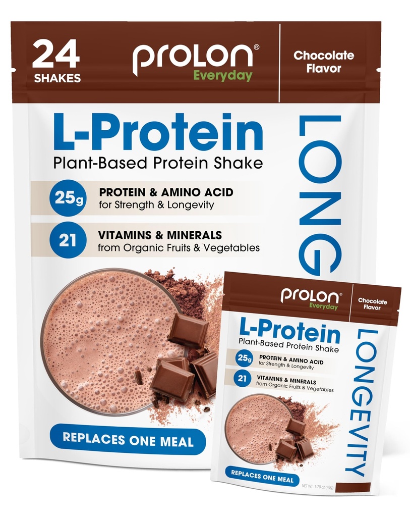 Prolon Longevity Plant Based Protein Powder 124. Muscle Synthetic & Repair, Healthy Aging, Boost Performance 124; Vitamin, Gluten Gratis, Amino Acids, Antioksidants 124g Protein 124; Coklat, 24 Paket