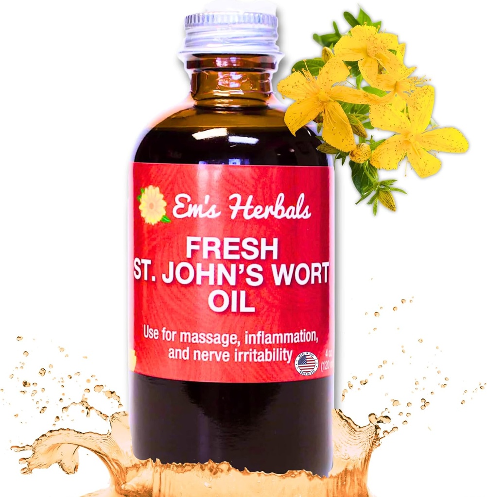 Em 's Herbals Fresh St John' s Welt Oil - Wild Harowed in USA, Natural Solution for Nerve Discomfort, Skin Espertions, Wound Care, Scar, and Stretch Marks - Skin, Face, Body, Hair, Massage Oil (4 Oz)