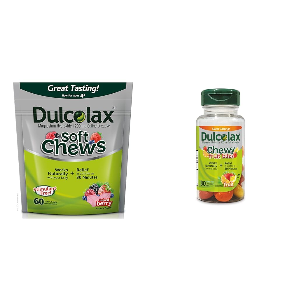 Dulcolax Soft Chews Saline Laxative Mixed Berry (60ct) Gentle Constipation Relief, Magnesium Hydroxide 1200mg & Chewy Fruit, Laxative Saline, Didukung Buah (30ct) Crastipation Bebas