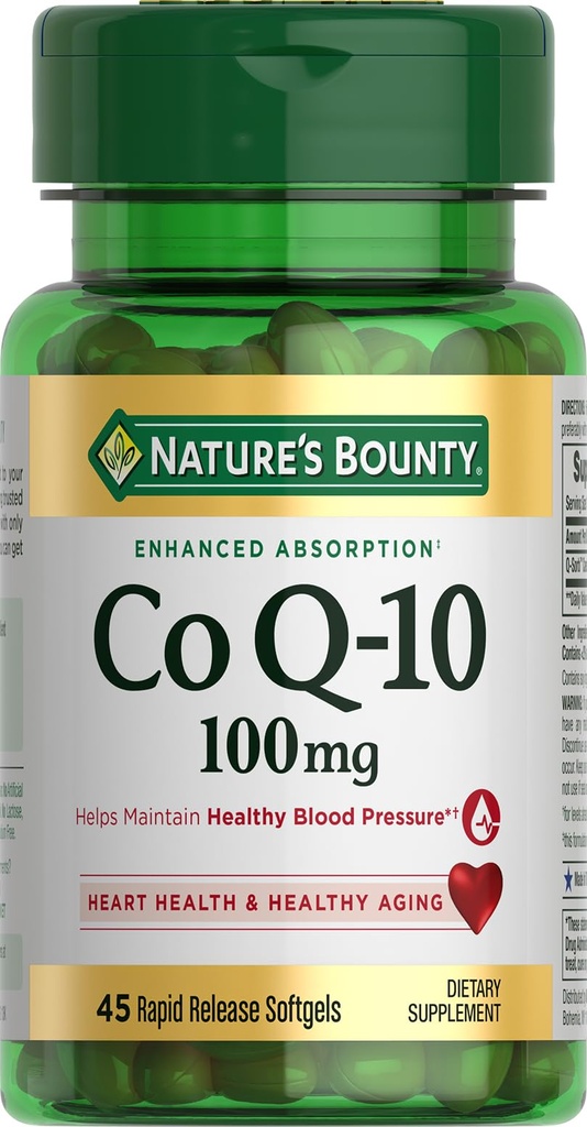 Nature 's Bounty CoQ10 100mg for Heart Health Support, Non- GMO Q- Sorb Koenzim Q-10 Antioksidant Dukungan dan Wellness Kardiovaskular, Supplemen Dietary, Rapid Rapid Relove Softgels, 45 ct