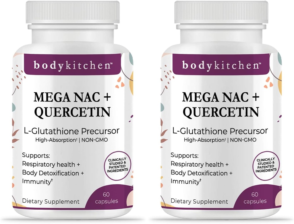 Body Kitchen Mega NAC (N-Acetyl Cysteine) 600 mg dengan Quercetin, Supports Repiration Health and Imune Fungsi dan Promotes Liver and Kidney Detox, Veggie Caps, (Paket 2)