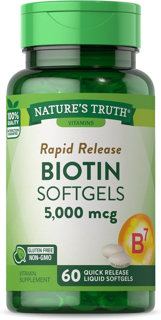 Nature 's Truth Biotin 5000mcg 124; 60 softgeels 124; Non-GMO & Gluten Free Supplemen untuk Pria dan Wanita