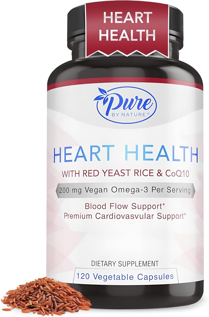 Murni Oleh Nature Red Yeast Rice dengan CoQ10 Tambahan untuk Pria & Perempuan, 200mg Vegan Omega 3 Per Serving, Gluten- Free Non-GMO, 120 Kapsul