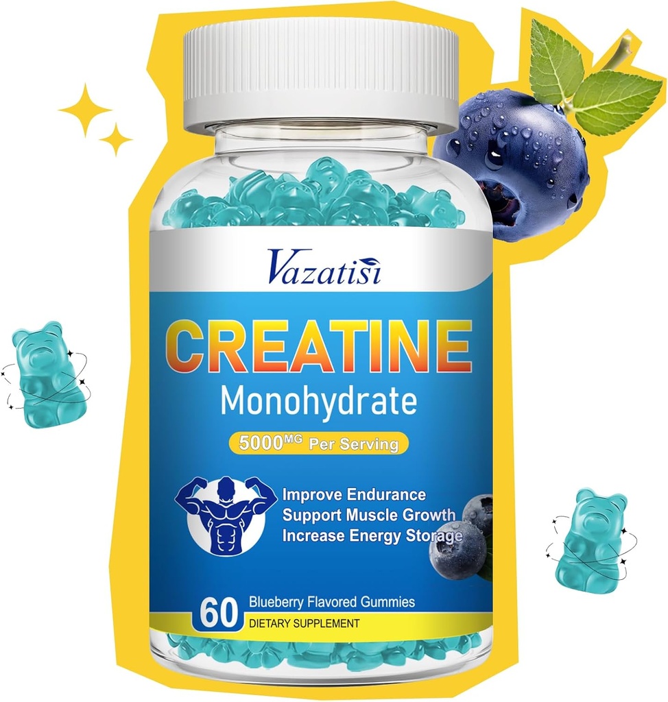 Cretine Monohydrate Gummies for Women & Men, Sugar Free Vegan Creatine Suplemen untuk Membangun Otot, Meningkatkan Energi & Kekuatan, Blueberry Flavor, 60 Count